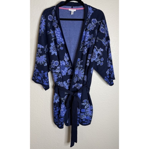Isacc Mizrahi Sweaters - Isaac Mizrahi Womens‎ 2X Jacquard Floral Sweater Cardigan Blue Pockets Belt